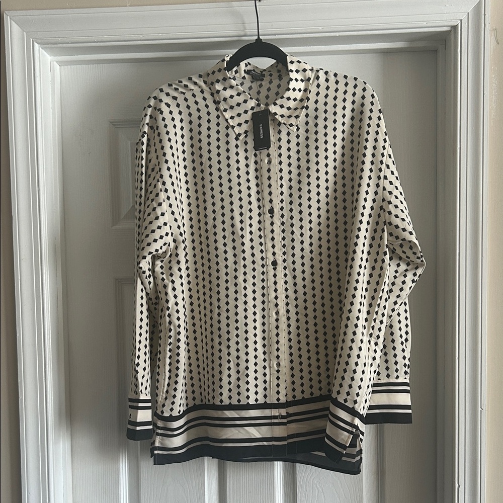 Express Cream Blouse with Black Diamond Print